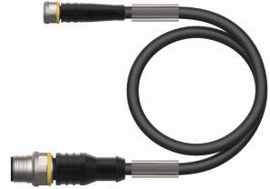 Schwarzes Kabel mit Metallsteckverbindungen an beiden Enden, geeignet für industrielle oder technische Anwendungen.