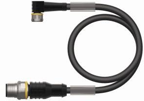 Schwarzes, gewundenes Kabel mit zwei verschiedenen Steckern an den Enden, einem rechtwinkligen und einem geraden Stecker.