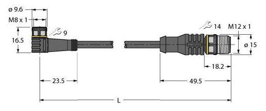 Technische Zeichnung eines Kabels mit Steckverbindern an beiden Enden. Maße und Durchmesser sind angegeben, z.B. M8x1, M12x1.
