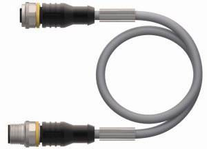 Ein graues Kabel mit zwei schwarzen Steckern an den Enden, in einer Schlaufe gelegt.