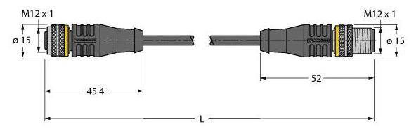 Technische Zeichnung eines Kabels mit zwei M12-Steckverbindern, Abmessungen 45,4 mm und 52 mm markiert, Gesamtlänge L angegeben.