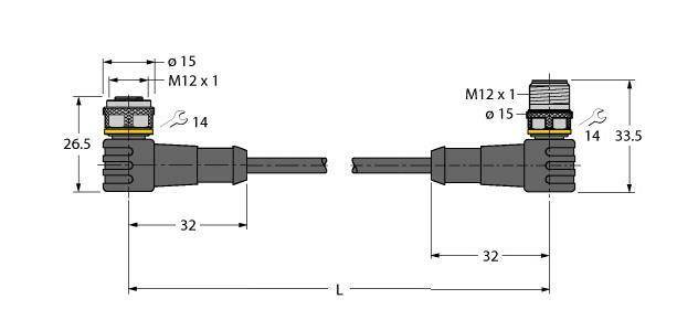 Technische Zeichnung eines M12-Kabelsteckers mit Bemaßungen in Millimetern. Zeigt Winkelansicht und spezifiziert Länge (L) sowie Durchmesser.
