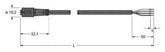 Diagramm eines Kabels mit Längenangaben: Gesamtlänge 'L', Teilsegmente 32,1 mm, 50 mm, Durchmesser 10,2 mm, vier Adern am Ende.