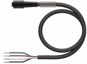 Ein schwarzes Kabel endet in einem Stecker an einem Ende und drei offenen Drähten (blau, braun, schwarz) am anderen; wahrscheinlich für elektrische Verbindungen.