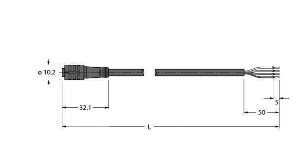 Diagramm eines Steckers mit drei Kabeln. Die Maße sind 32,1 mm und 50 mm, der Durchmesser beträgt 10,2 mm.