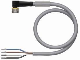 Ein graues Kabel mit vier unterschiedlich farbigen Aderleitungen und einem abgewinkelten Anschlussstecker.