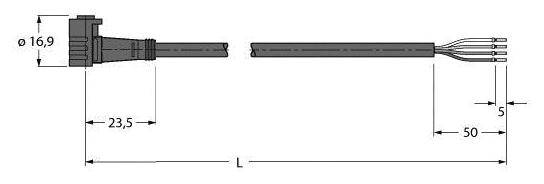 Technische Zeichnung eines Steckers mit Kabel. Maße sind: Durchmesser 16,9 mm, Länge von Stecker zu Kabelende 50mm, Gesamtlänge 'L'.