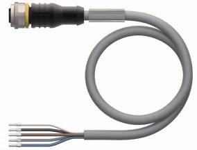 Ein graues Kabel mit einem schwarzen Stecker auf der einen Seite und freiliegenden Drähten auf der anderen.