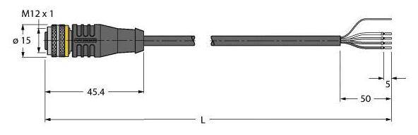 Technische Zeichnung eines M12-Steckers mit Abmessungen: Länge 45,4 mm, Durchmesser 15 mm. Kabel mit offenen Drähten, Länge L.