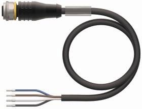 Schwarzes Kabel mit Metallstecker und vier freiliegenden Drähten in Blau, Braun und zwei weißen Enden. Elektronisches Verbindungselement.