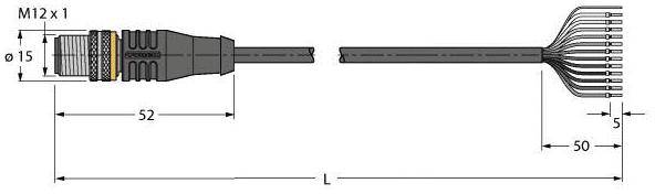Kabeldiagramm mit M12-Stecker links, Leitungen rechts. Maße: Gesamtlänge 'L', Kabel 52 mm, Adern 50 mm, Stecker Ø15 mm.