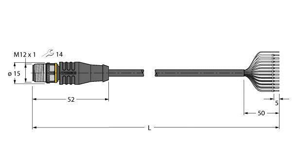 Technische Zeichnung eines M12 Steckers mit Maßen: Länge 52 mm, Breite 15 mm. Kabelstränge mit 50 mm Länge.