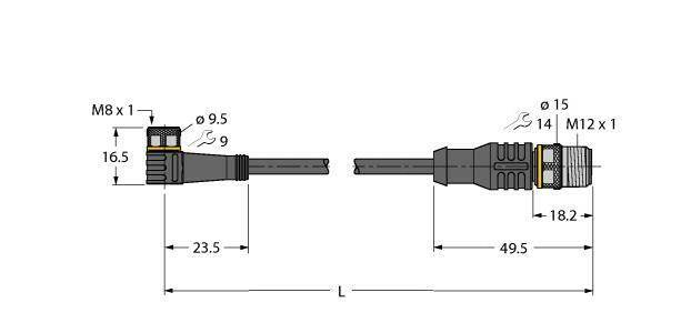 Diagramm von Steckverbindern: ein M8-Stecker links und ein M12-Stecker rechts. Abmessungen und Gewindegrößen sind angegeben.