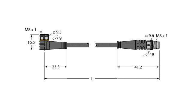 Technische Zeichnung eines M8 Steckers mit Abmessungen: 9,5 mm (ø), 23,5 mm (links) und 9,6 mm (ø), 41,2 mm (rechts).