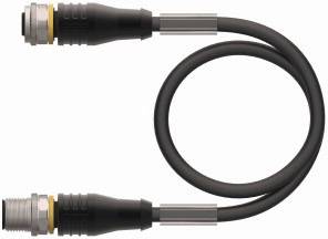 Zwei schwarze Kabel mit Steckverbindungen an den Enden, die eine U-Form bilden.