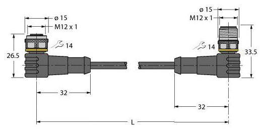 Technische Zeichnung eines elektrischen Steckers. Zeigt Maße: Länge 32 mm, Durchmesser 15 mm, Gewindegrößen M12 x 1.