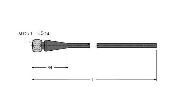 Technische Zeichnung eines zylindrischen Objekts. Links ist ein Kegel mit der Beschriftung 'M12 x 1', Länge '44'. Rechts ein langer zylindrischer Abschnitt.