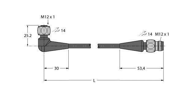 Technische Zeichnung eines Winkels mit Maßangaben: M12 x 1, Durchmesser 14, Höhe 25,2, Länge 30, Länge insgesamt 53,4.