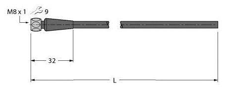 Technische Zeichnung eines Bolzens mit Mutter und Gewinde M8 x 1. Länge 32 mm, Höhe der Mutter 9 mm. Seitenansicht zeigt Bolzen.