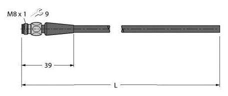 Diagramm eines M8 x 1 Steckverbinders mit einer Länge von 39 mm, mit Schraubenschlüssel Größe 9 und Gesamtlänge L.