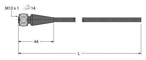 Technische Zeichnung eines zylindrischen Gegenstands mit M12x1-Gewinde, Länge 44 mm, Gesamtlänge 'L', Durchmesser 14 mm.