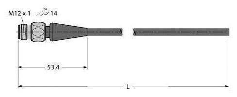 Diagramm eines Kabelsteckers mit M12 x 1 Gewinde, Länge 53,4 mm, Kabel durch L-Länge dargestellt. Seitliche und obere Ansicht.