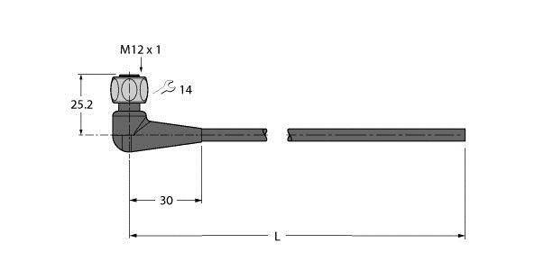 Technische Zeichnung eines Winkels mit Gewinde M12x1 und Länge 30 mm. Weitere Messungen: Höhe 25,2 mm, Durchmesser 14 mm.