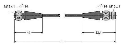Technische Zeichnung zeigt zwei M12-Steckverbinder. Die linke Seite ist 44 mm, die rechte 53,4 mm lang. Schlüsselweite 14 mm erforderlich.