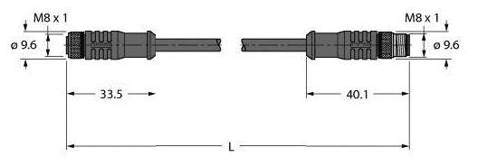 Technische Zeichnung eines Steckersystems mit M8 x 1 Stecker links und M8 x 1 Buchse rechts. Maße: 33,5 mm und 40,1 mm.