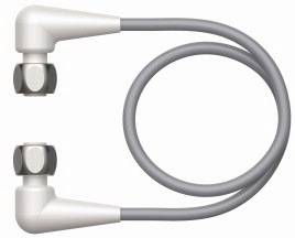 Grauer, spiralförmiger Schlauch mit zwei winkelförmigen, weißen Endverbindungen mit Metallmutter, dient als flexible Rohrverbindung.