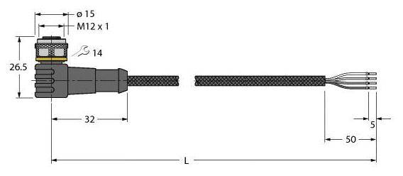 Zeichnung eines elektrischen Steckers mit Abmessungen: Durchmesser 15 mm, Höhe 26,5 mm, Gesamtlänge (L) variabel, Kabelende offen.