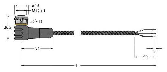 Steckerdiagramm: M12-Stecker mit einem Winkel von 90 Grad. Maße: Länge 32 mm, Gesamtlänge 'L', Kabelabgang 50 mm.