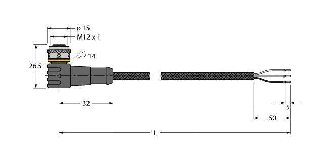 Technische Zeichnung eines M12 Steckverbinders mit Maßen: Durchmesser 15, Gesamtlänge 32, Kabellänge 50 und Drahtlänge 5 mm.