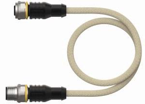 Ein flexibles Kabel mit zwei identischen Anschlüssen an den Enden, zwischen denen ein gelber Ring sichtbar ist.