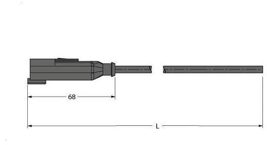 Technische Zeichnung eines Steckers mit rechteckiger Form. Die Gesamtlänge 'L' und eine markierte Länge von 68 mm sind sichtbar.