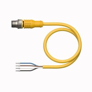 Gelbes Kabel mit einem runden Metallstecker auf der einen Seite und vier freien, farbigen Litzen auf der anderen Seite.