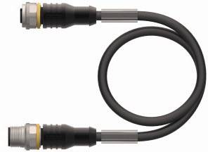 Ein schwarzes Kabel mit zwei Steckern an den Enden, die sich gegenüberliegen.