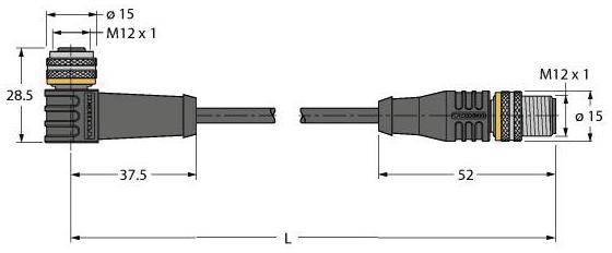 Technische Zeichnung eines M12-Steckverbinders mit Maßen: Gesamtlänge (L), Längen 37,5 mm und 52 mm, Durchmesser 15 mm.