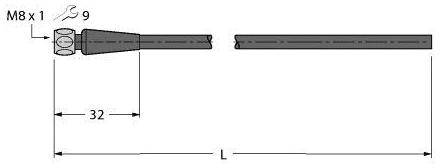 Technische Zeichnung eines Metallbolzens mit Gewinde M8x1. Länge mit Abstandsmessung 32 mm, Schlüsselweite 9 mm.