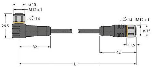 Technische Zeichnung von M12-Steckern mit Abmessungen. Links: Winkelstecker, rechts: gerader Stecker. Beschriftungen: Durchmesser, Länge und Gewindegröße.