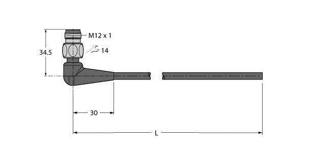 Illustration eines Messkopf-Designs mit M12 x 1 Anschluss, zeigt Dimensionen: Höhe 34,5 mm, Tiefe 30 mm, Schnittlänge 'L', Durchmesser 14 mm.