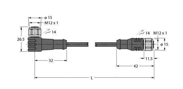 Technische Zeichnung von zwei M12-Steckverbindern mit Maßen. Links: 32 mm lang, rechts: 42 mm lang. Beide mit Ø15 mm und 26,5 mm Höhe.