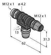 T-Stück-Adapter mit Maßen: 62 mm Länge, 31,3 mm Höhe, Anschlüsse M12 x 1, Durchmesser 4,2 mm. Anzeige von Abmessungen und Anschlussgrößen.