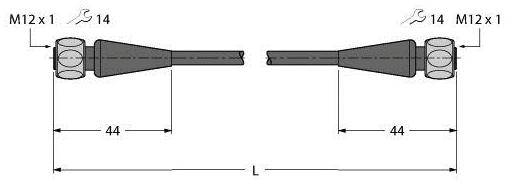 Diagramm zeigt zwei identische, verbundene Steckertypen mit Beschriftungen 'M12 x 1', Länge 44 mm, Abstandslänge L.