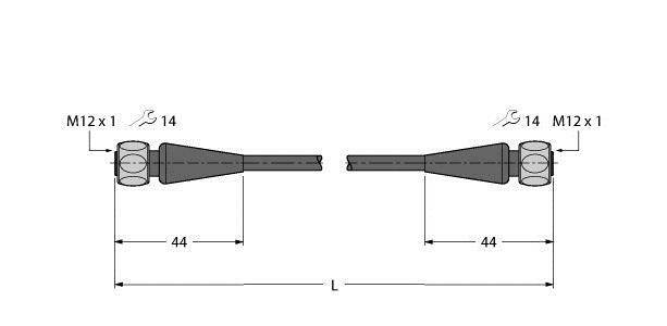Technische Zeichnung eines Verbindungskabels, Abmessungen: 14 mm Durchmesser, 44 mm Länge jeder Seite. Anschlüsse: M12 x 1.