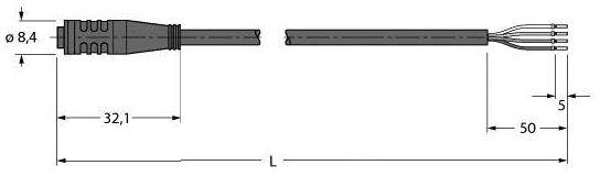Technische Zeichnung eines Steckers mit Kabel. Maße: Gesamtlänge 'L', 32,1 mm Steckerabschnitt, 50 mm Kabelabschnitt. Kabeldurchmesser 5 mm, Stecker-Ø 8,4 mm.