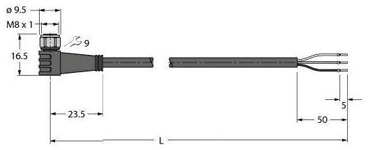 Technische Zeichnung eines Sensorkabels mit Abmessungen. Länge links 23,5 mm, rechts 50 mm, Gesamtlänge L. Durchmesser 9,5 mm.