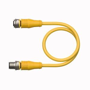 Ein gelbes Koaxialkabel mit zwei Anschlüssen, das technische Ausrüstung verbindet.