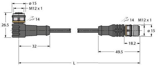 Technische Zeichnung eines M12-Steckers mit Abmessungen: links L-Winkel mit 32 mm Länge, rechts gerader Stecker mit 49,5 mm Länge.