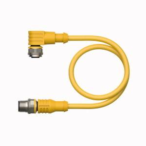 Gelbes Kabel mit rechtwinkligem Steckverbinder links und geradem Steckverbinder rechts, geeignet für industrielle Anwendungen.